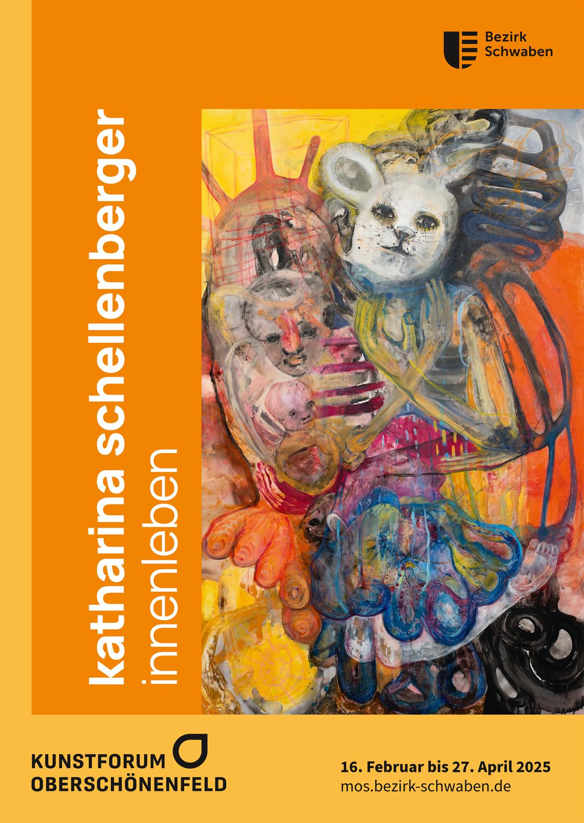 2025 Plakat Schellenberger Plakat mit Text und bunter Abbildung vor gelb-orangem Hintergrund