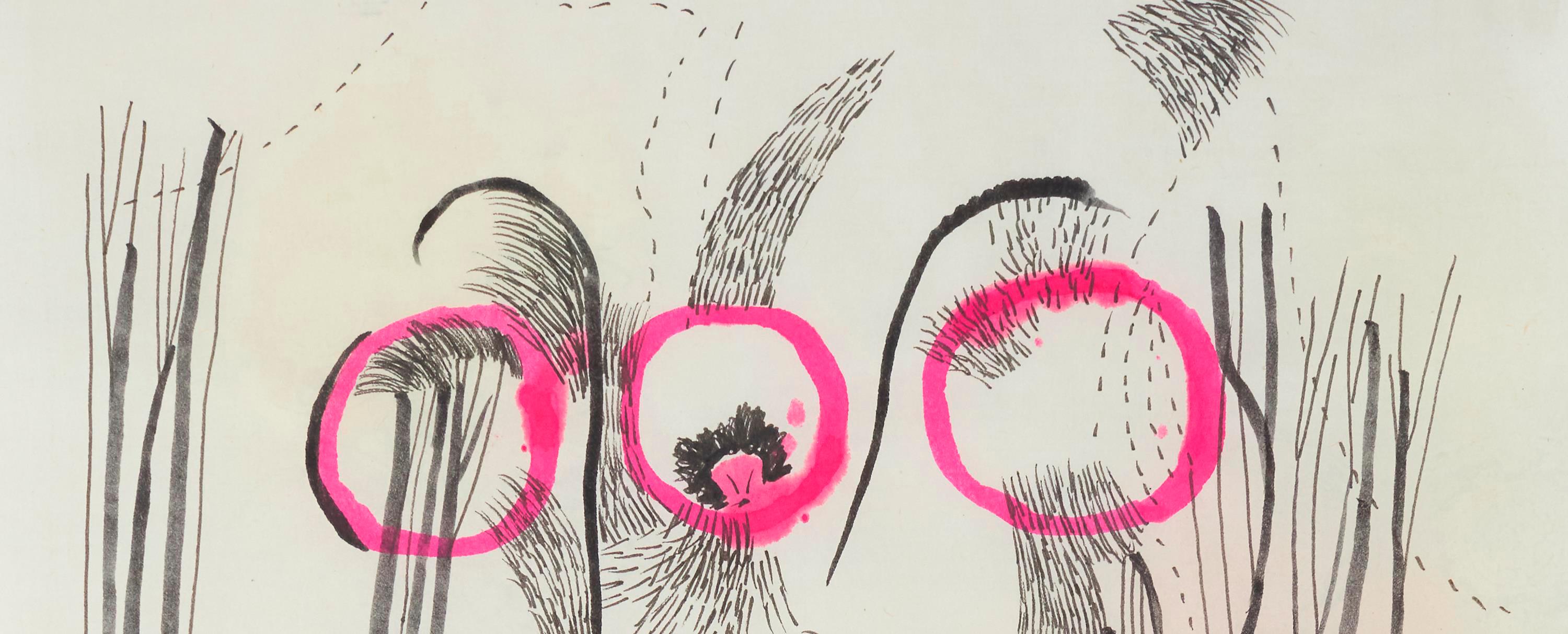 abstrahierte Landschaft in Grautönen mit pinken Kreisen