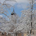 Turm der Abteikirche hinter verschneiten Bäumen